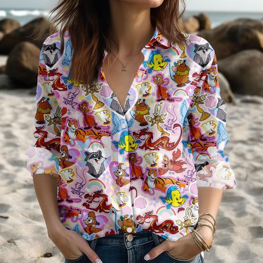 Discover Disney Characters Blouse Shirt, Cute Cartoon Linen-look Shirt, Button Down Animal Blouse, Fantasy Vacation Shirt, Holiday Gift