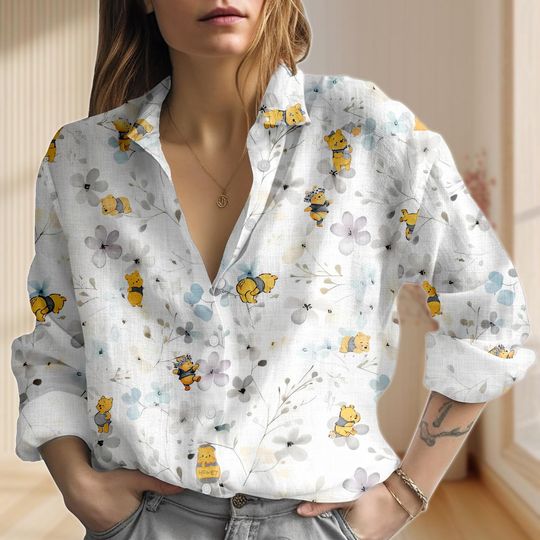 Discover Vintage The Pooh Linen-Look Shirt, Cute Bear Blouse Shirt, Honey Bear Women Shirt, Disney Vacation Casual Shirt, Cartoon Gift For Her