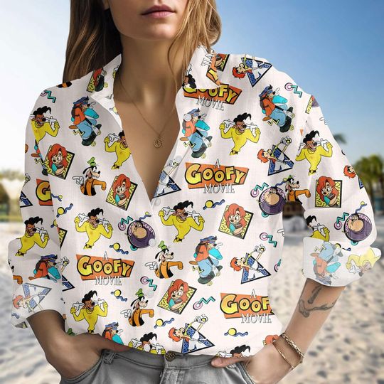 Discover Goofy Movie Linen-look Blouse, Disney Cartoon Vacation Shirt for Women