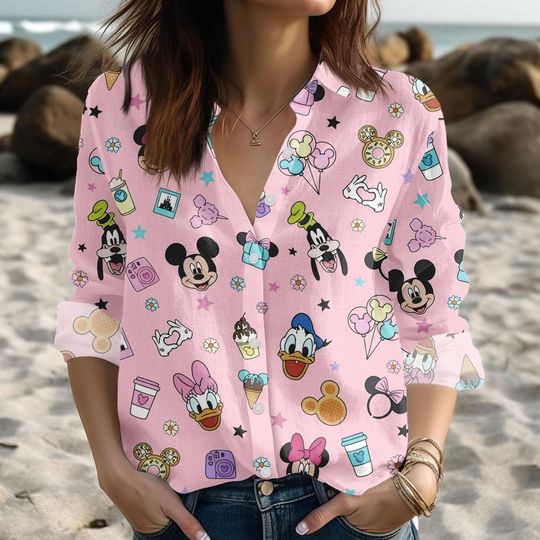 Disney Mickey and Friends Women's Blouse – Cartoon Shirt with Mickey, Minnie, Pluto, Donald, Casual Party Top