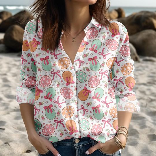 Discover Disney Easter Bunny Women's Blouse, Long Sleeve Easter Eggs Shirt, Casual Hawaiian Easter Top