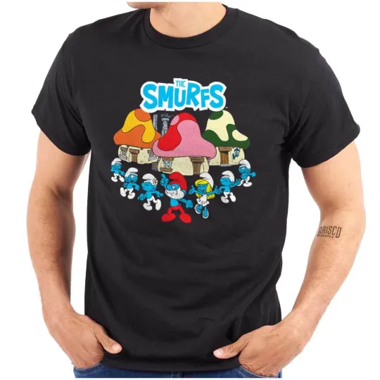 Discover Retro The Smuurfs Cartoon Mushroom Houses Crewneck T-Shirt for Women and Men