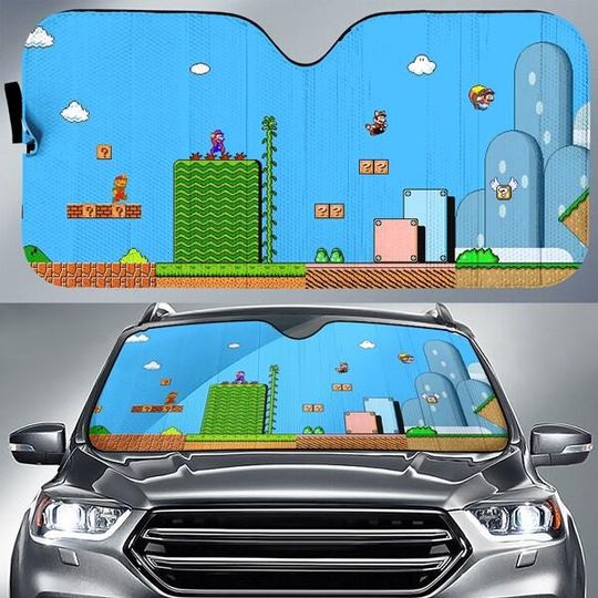 Retro SuperMario 8 Bit Memorial Car Sunshade, Mario Bros Car Windshield, Mario Video Game Car Protector, Vintage Mario World Gift For Him