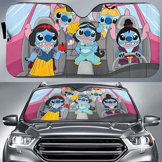 Discover Stitch Princess Car Sun Shade, Funny Disneyland Princess Costume Windshield Cover, Cute Cartoon UV Sunshade, Blue Alien Girl Power Car Gift