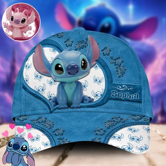 Personalized Cute Blue Monster Classic Cap, Stitch Angel Baseball Hat for Cartoon Fan, Ohana Means Family Hat, Gift for Her