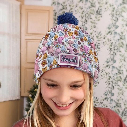 Discover Magical Mouse Personalized Beanie Hat for Kid, Bubble Mouse Ear Winter Hat with Pompom, Kid Cartoon Beanie, Valentine's Gift
