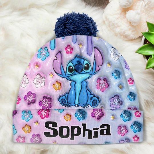 Discover Ohana Blue Monster Personalized Beanie Hat, Cute Monster Kawaii Knitted Winter Hat with Pompom, Cartoon Inflated Beanie for Fan sth6376