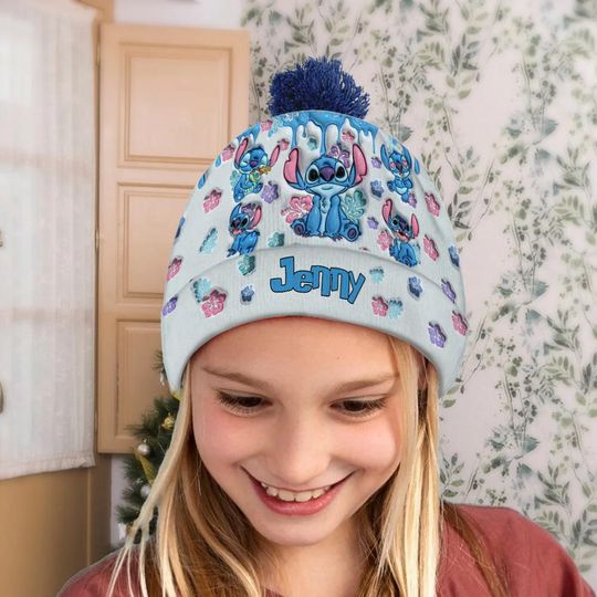 Ohana Mean Family Personalized Beanie Hat for Adult Kid, Blue Monster Inflated Knitted Winter Hat, Kid Cartoon Monster Beanie Gift