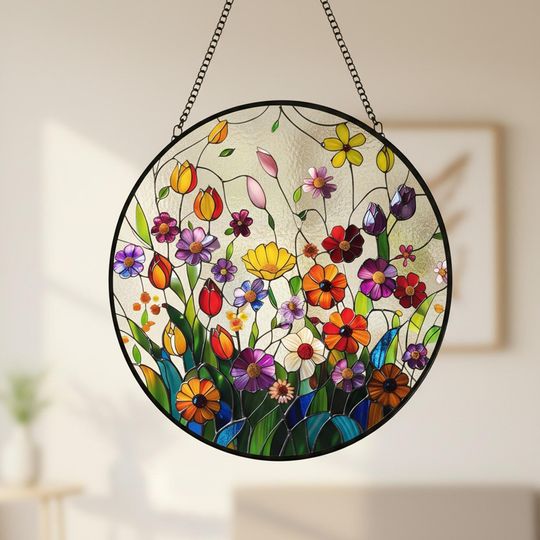 Discover Floral Stained Glass Suncatcher, Colorful Wildflower Sun Catcher, Unique Gift Suncatcher, Window Hanging Decor, Gift for Floral Lovers