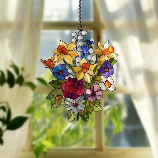 Discover Family Birth Flowers Glass Suncatcher, Custom Mom's Garden Gift,Flower Glass Art,Birth Flower Gift For Nana,Mother's Day Gift For Mom