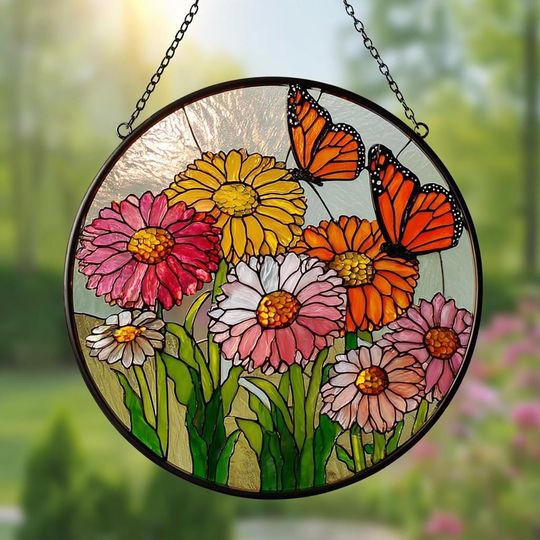 Discover Gerber Daisy & Butterfly Glass Suncatcher, Gift for Mom, Grandma, Florist Gift, Flower Gift, Window Hanging, Home Decoration