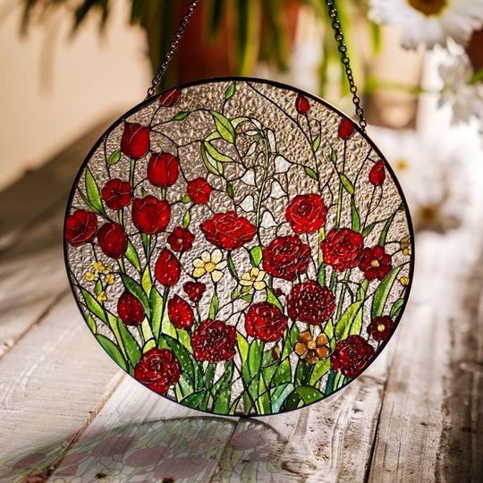 Discover Red Rose Stained Glass Suncatcher for Mom, Mothers Day Gift, Floral Window Hanging, Gift for Mother from Daughter or Son