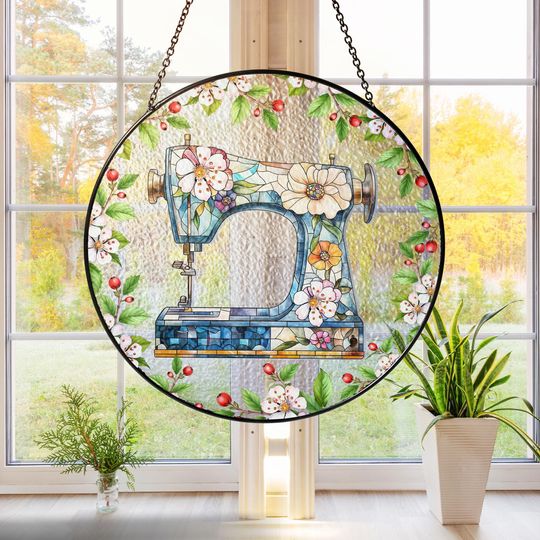 Discover Floral Sewing Machine Suncatcher,Personalized Stained Glass Window Hanging Suncatcher, Mother's Day Suncatcher, Gift For Mom Grandma Women