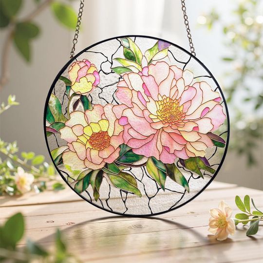 Discover Peony Stained Glass Suncatcher, Mother's Day Gift for Mom, Floral Window Decor, Botanical Pink Flower Hanging, Garden Lover Grandma Gift
