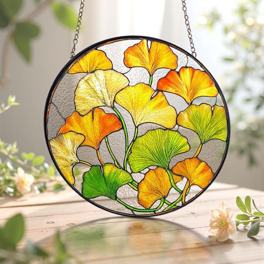 Discover Ginkgo Leaf Stained Glass Suncatcher, Botanical Plant Lover Gift, Gold Yellow Window Hanging, Mother's Day Gift for Grandma, Zen Decor