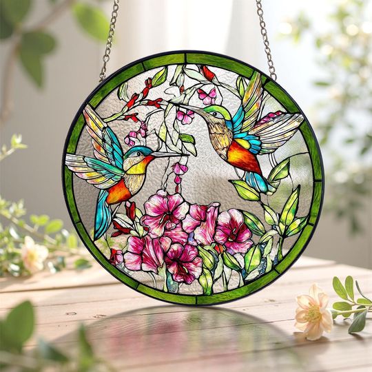 Discover Hummingbird Suncatcher with Vibrant Flower Stained Glass/Decorative Window Hanging for Nature Lovers/Ideal Gift for Mom/Grandma/Bird Fans