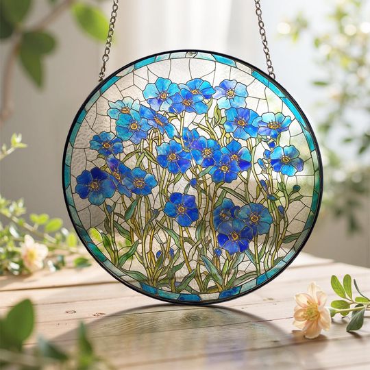 Discover Forget - Me - Not Stained Glass Suncatcher | Remembrance & Sympathy Gift | Floral Window Decor | In Loving Memory | Botanical Glass Art