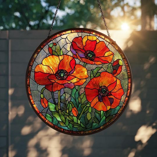Discover Poppy Flowers Glass Suncatcher, Stained Glass Poppy Home Decor, Floral Suncatcher, Botanical Art Window Decor, Memory Day Gift, Grandma Gift