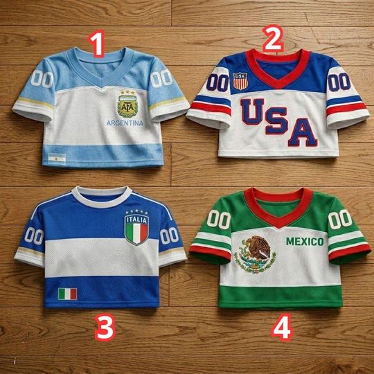 Discover Worldcup Team 2026 Croptop Jersey, Patriotic Fan Shirt, USA Italia Argentina Mexico Name& Number Print Tee, American Fan Pride, Gift For Fan