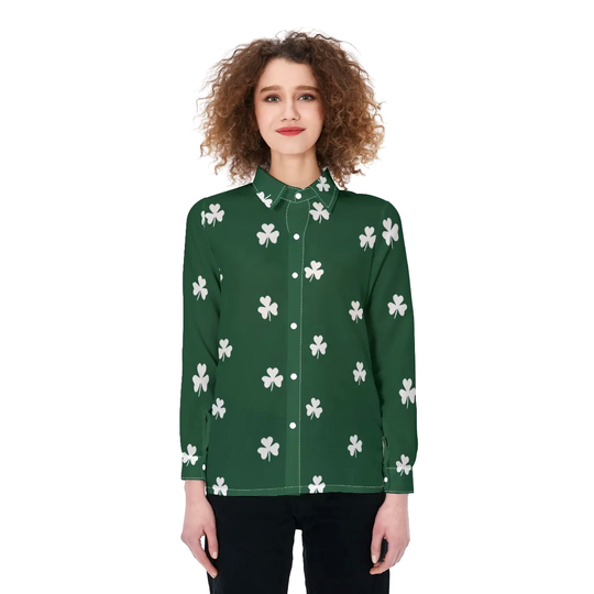 Shamrock Irish Three Leaf Clover  Shirt, St Patricks Day Blouse Shirt, Dark Green Irish Clover Women Shirt, Festival Shirt