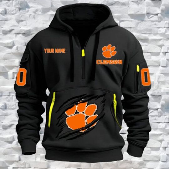 Clemson Tigers – Custom Name and Number Quarter Zip Hoodie