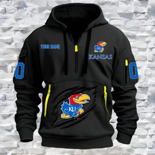 Kansas Jayhawks – Custom Name and Number Quarter Zip Hoodie