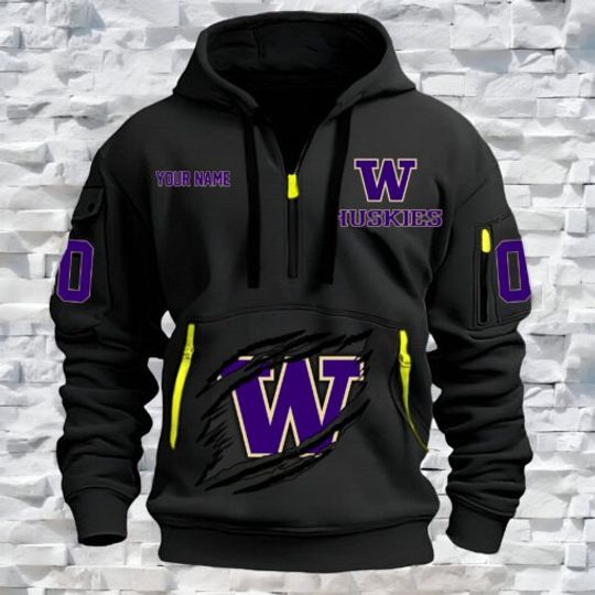 Washington Huskies – Custom Name and Number Quarter Zip Hoodie