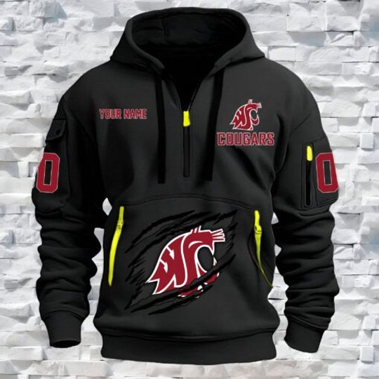 Washington State Cougars – Custom Name and Number Quarter Zip Hoodie