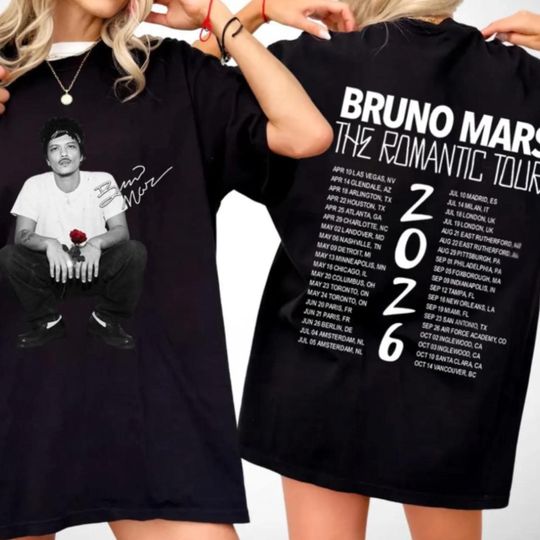Discover Bruno Mars Romantic Tour 2026 Shirt, Retro Concert Tee, Vintage Pop Music T-Shirt, Tour Dates Fan Gift