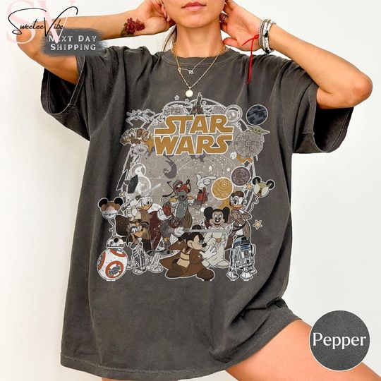 Discover Retro Disney Star Wars Shirt, Retro Mickey and Friends Jedi Tee, Family Vacation Outfit, Sci-Fi Cartoon Graphic Tee, Gift for Disney Fans