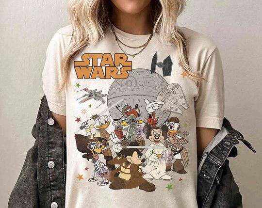 Discover Vintage Disney Mickey and Friends Custom Star Wars Characters T-shirt, Galaxy's Edge Family Trip, Star Wars Day 2026 May 4th Be With You Tee
