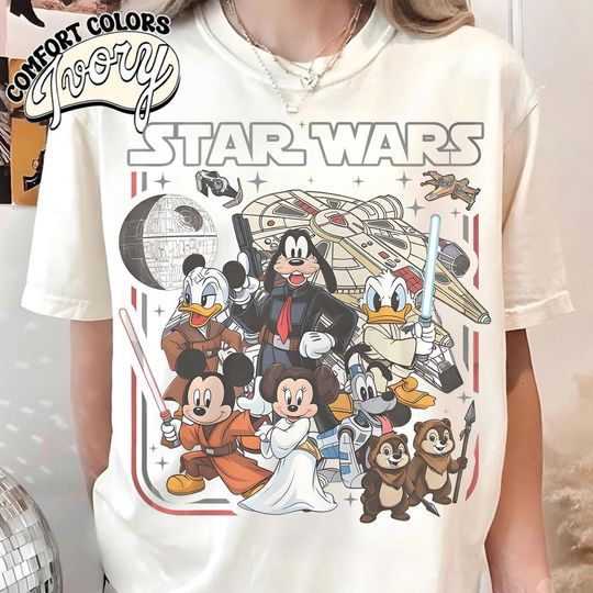 Discover Comfort Colors Retro Jedi Mickey & Friends Star Wars Shirt, Galaxy's Edge Family Vacation Trip 2026 Shirt, Sci-Fi Disney Fan Gift Tee
