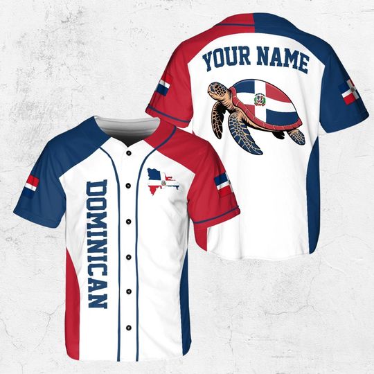 Personalized Dominican Turtle Baseball Jersey, Custom Name Button Up Shirt, Red White Blue DR Flag Sleeves, Unisex Fan Gift for Men Women