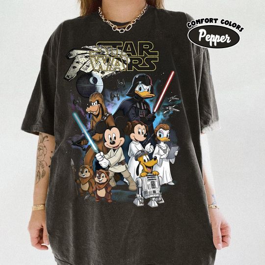 Discover Retro Disney Star Wars Shirt, Retro Mickey and Friends Jedi Tee, Family Vacation Shirt, Sci-Fi Cartoon Graphic Tee, Gift for Disney Fans Tee