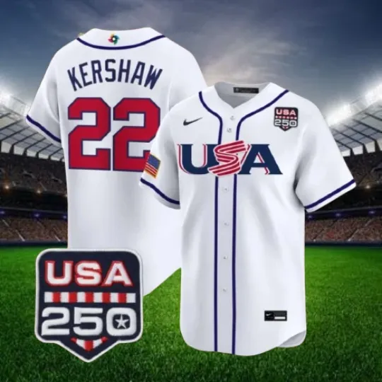 Discover Clayton Kershaw #22 Team USA White 2026 USA 250 Patch Stitched Jersey All Sizes