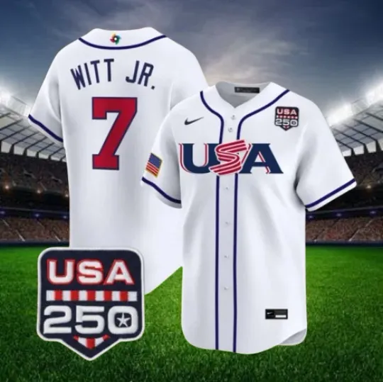 Discover Bobby Witt Jr. #7 Team USA White 2026 USA 250 Patch Stitched Jersey All Sizes