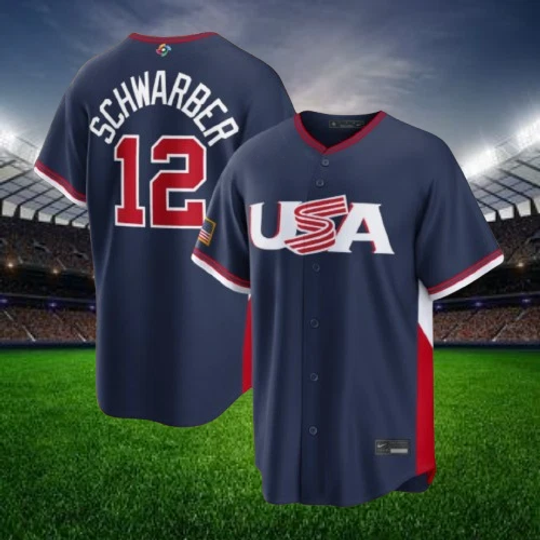 Kyle Schwarber #12 Team USA Navy 2026 USA 250 Patch Jersey All Sizes