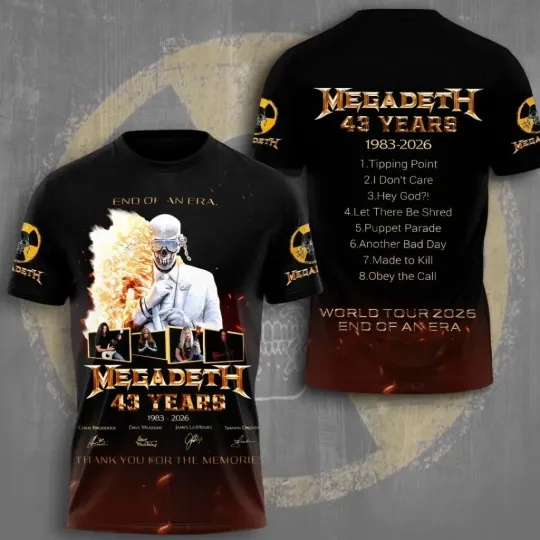 Discover Megadeth 43 Years 1983-2026 World Tour 2026 End Of An Era TX 3D T-Shirt