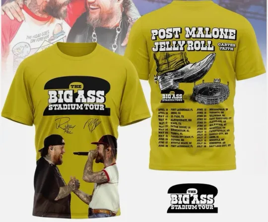 Discover Post Malone And Jelly Roll The Big Ass Stadium Tour 2026 3D T-shirt