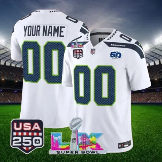 Discover Custom Seahawkss White Super B.owl LX 250th Jersey All sizes