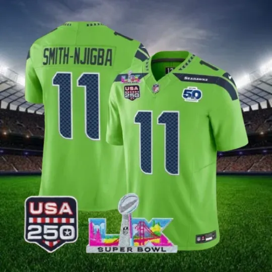 Discover Smith-Njigba #11 Seahawkss Green Super B.owl LX 250th Jersey All Sizes