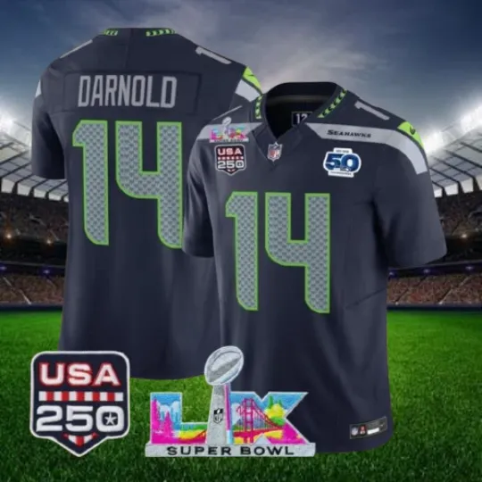 Discover Sam Darnold #14 Seahawkss Navy Super B.owl LX 250th Jersey All Sizes