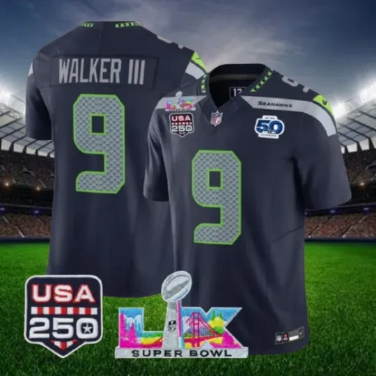Discover Walker III #9 Seahawkss Navy Super B.owl LX 250th Jersey All Sizes