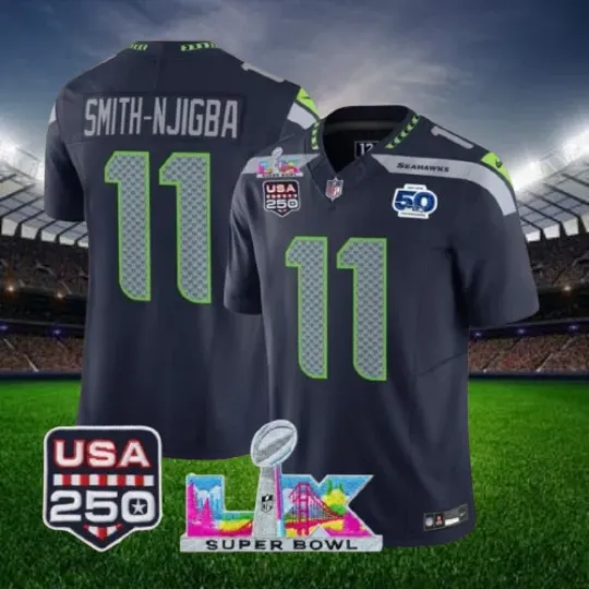 Discover Smith-Njigba #11 Seahawkss Navy Super B.owl LX 250th Jersey All Sizes