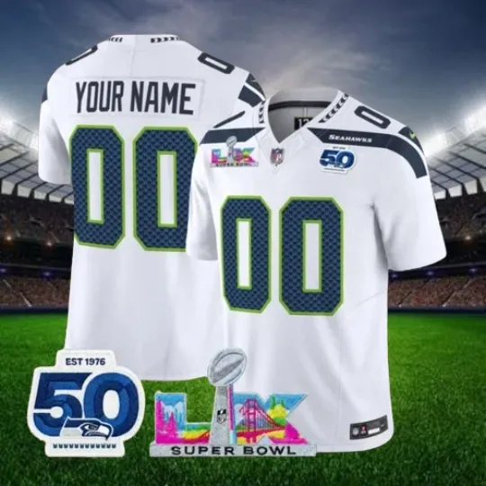 Discover Custom Seahawkss White Super B.owl LX & 50th Jersey All Sizes
