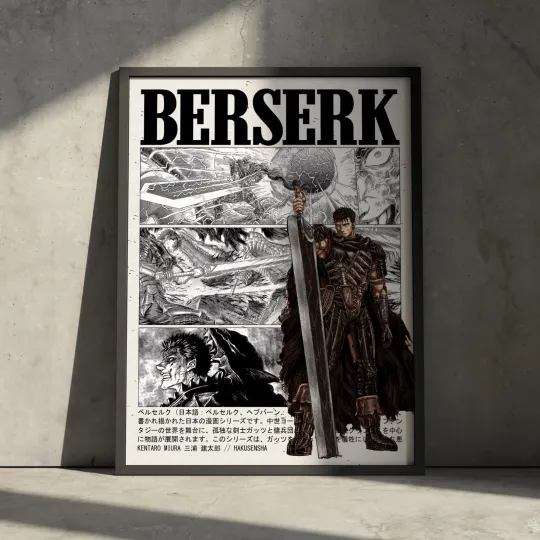 Discover Berserkk Poster of Guts, Manga Anime Artwork Minimalist Aesthetic Wall Decor