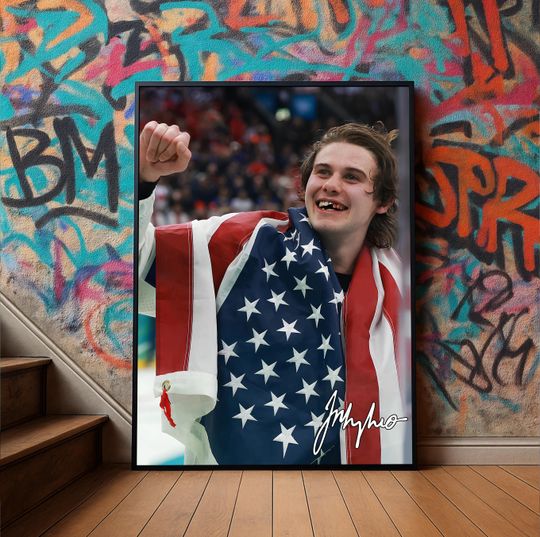 Discover Jack Hughes Art Print, Ice Hockey Champion Golden Goal Poster