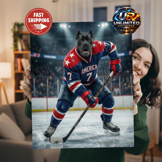 Discover USA Ice Hockey Dog Portrait  American Sports Wall Art, Funny Pet Print, Gift for Fans, Canvas Animal Decor