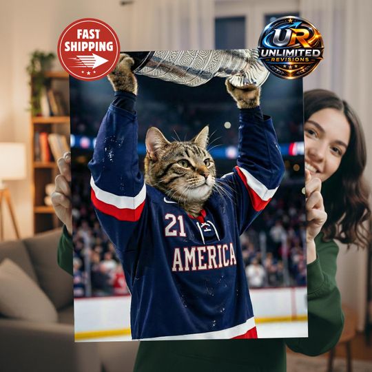 Discover USA Ice Hockey Dog Portrait  American Sports Wall Art, Funny Pet Print, Gift for Fans, Canvas Animal Decor