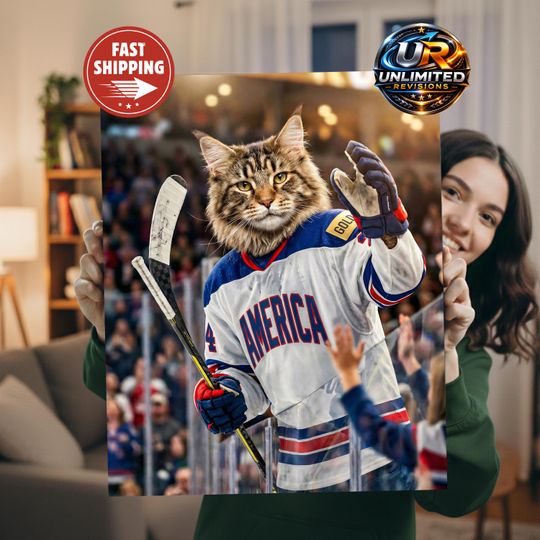 Discover USA Ice Hockey Dog Portrait  American Sports Wall Art, Funny Pet Print, Gift for Fans, Canvas Animal Decor